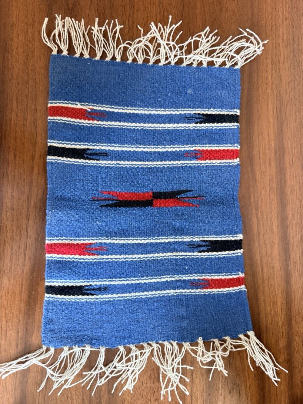 Vintage Chimayo Wool Rug Blue Red Black Zigzag New Mexico 15” X 10” Fringed Mat